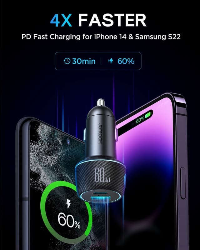 фото Автомобильное зарядное устройство Joyroom JR-CCN01 60W PD+QC3.0 / Type-C USB-C+USB многоцветное с кнопкой включения черное