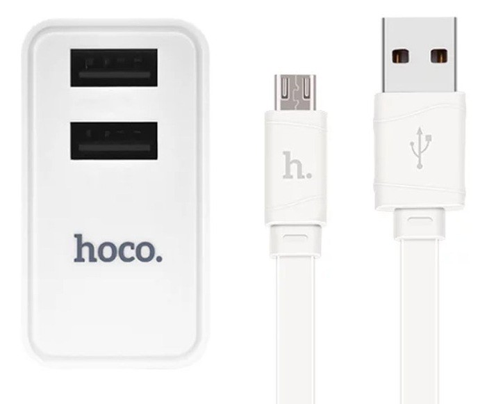 фото Сетевое зарядное устройство + кабель для iphone Lightning HOCO C6 2USB 2,1A  EURO плоский белый