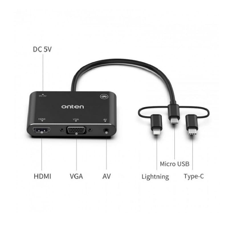 Адаптер переходник конвертер 3в1 с Lightning/Type-C/Micro USB на HDMI+VGA+AV Onten OTN-7585B черный Адаптер переходник конвертер 3в1 с Lightning/Type-C/Micro USB на HDMI+VGA+AV Onten OTN-7585B черный
