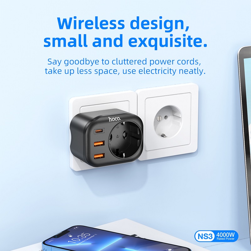 Сетевой фильтр HOCO NS3 1 гнездо + PD 20W + 2USB QC3.0 18W черный