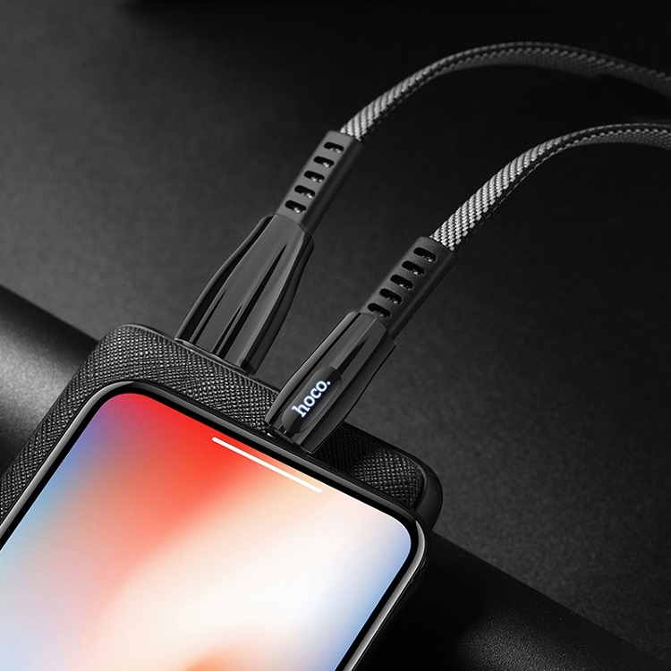 Кабель для зарядки iphone Lightning HOCO U70 LED 2.4А 1.2м плоский в нейлоновой оплетке темно-серый Кабель для зарядки iphone Lightning HOCO U70 LED 2.4А 1.2м плоский в нейлоновой оплетке темно-серый