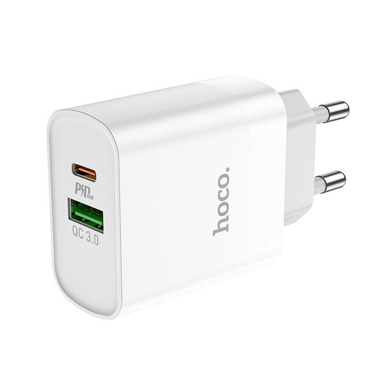 фото Сетевое зарядное устройство + кабель для iphone Lightning to Type-C HOCO C80A PD 20W+QC3.0 3A белый