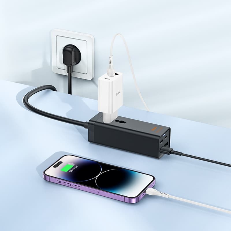 Сетевой фильтр HOCO AC10A 1 гнездо + 2 PD65W + USB QC18W 1.5м 2500W черный