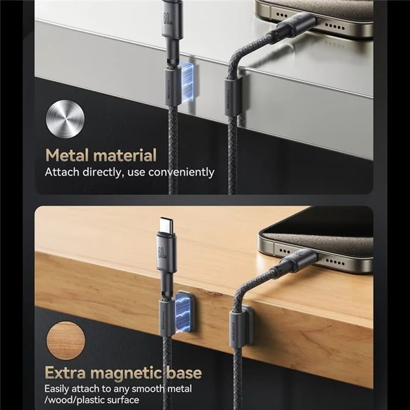 Кабель для зарядки Type-C to Type-C Joyroom S-A50 1.2м PD 60W с магнитным самоклеющимся держателем в оплетке темно-серый