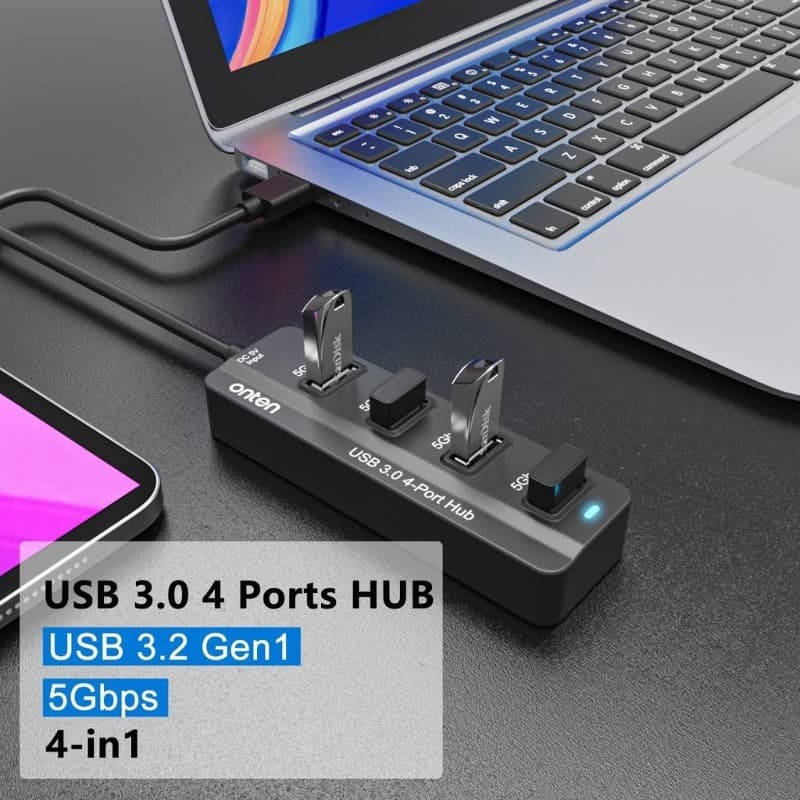 Разветвитель адаптер переходник USB 3.2 Gen1 5Gbps HUB Хаб картридер Onten OTN-5305 4в1 4USB 3.0 порта черный