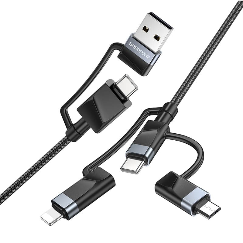 Кабель для зарядки 6 в 1 USB / Type-C to Lightning 27W / Type-C to Type-C 60W/ Type-C to Micro 2A Borofone BU51 2м в нейлоновой оплетке черный Кабель для зарядки 6 в 1 USB / Type-C to Lightning 27W / Type-C to Type-C 60W/ Type-C to Micro 2A Borofone BU51 2м в нейлоновой оплетке черный