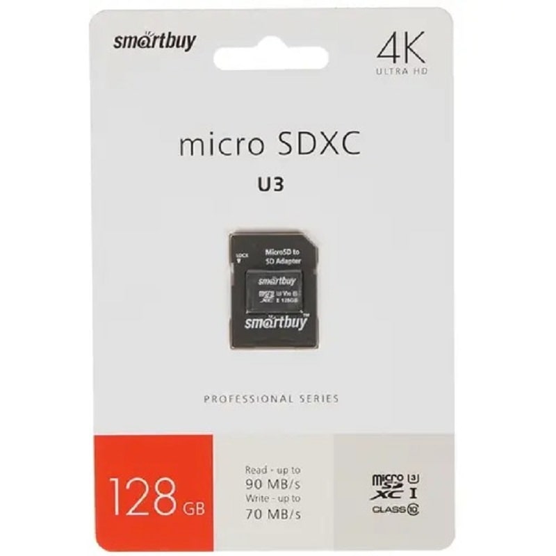 Изображение Карта памяти Smartbuy MicroSDXC Class 10 PRO U3 V30 UHS-3 R/W 90/70MB/s 128Gb