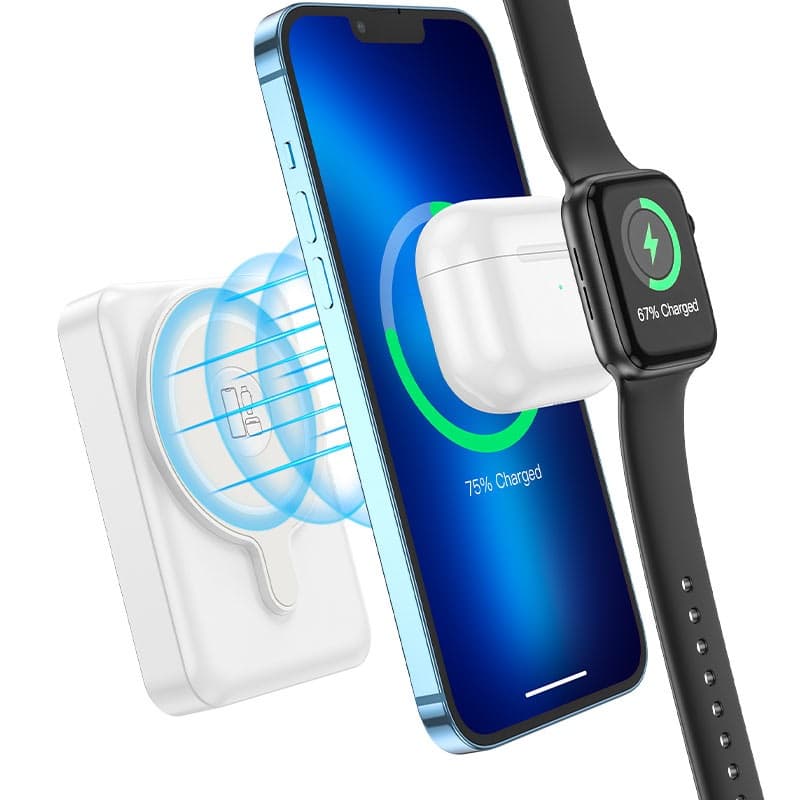 фото Внешний аккумулятор повербанк Power bank HOCO Q11 10000mAh 3в1 PD 20W с беспроводной зарядкой и магнитом белый