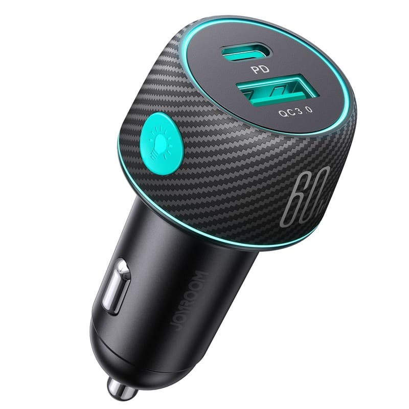 фото Автомобильное зарядное устройство Joyroom JR-CCN01 60W PD+QC3.0 / Type-C USB-C+USB многоцветное с кнопкой включения черное