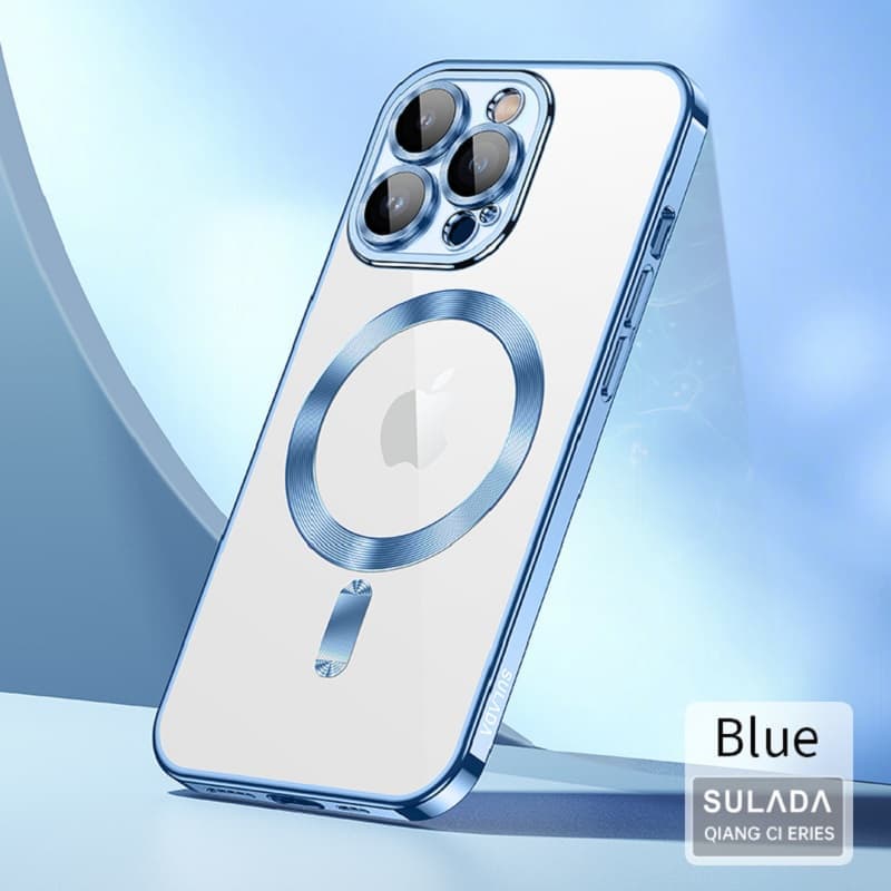 Изображение Чехол накладка для iphone 16 Pro Max (6.9) SULADA Qiang Ci силикон прозрачная, синий бампер с магнитом для magsafe, защита линз фото Чехол накладка для iphone 16 Pro Max (6.9) SULADA Qiang Ci силикон прозрачная, синий бампер с магнитом для magsafe, защита линз
