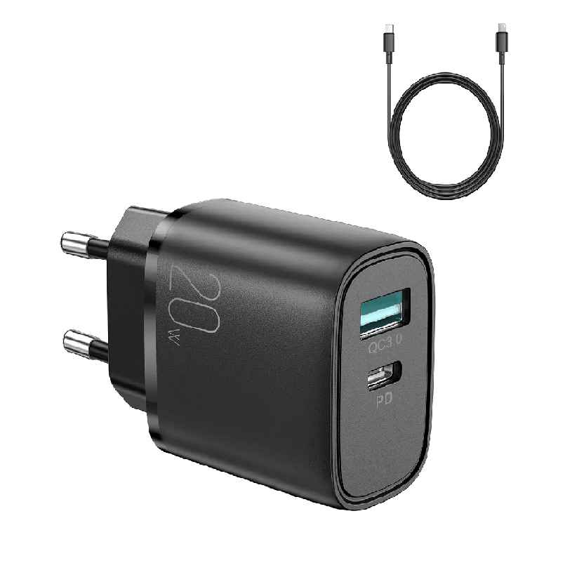 фото Сетевое зарядное устройство + кабель для iphone Lightning to Type-C Joyroom L-QP2011 PD 20W+QC3.0 3A черный