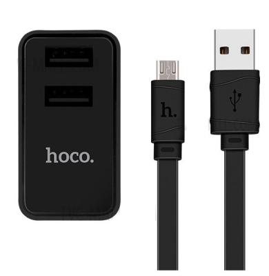 Сетевое зарядное устройство + кабель для iphone Lightning HOCO C6 2USB 2,1A  EURO плоский черный