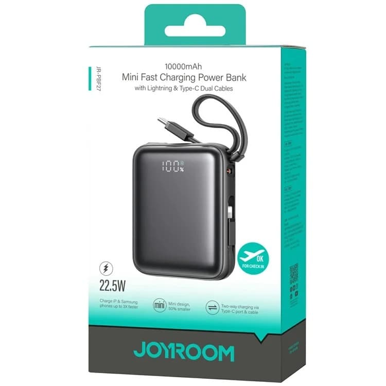 Изображение Внешний аккумулятор повербанк Power bank Joyroom JR-PBF27 10000mAh 22.5W с дисплеем и двумя встроенными кабелями черный фото Внешний аккумулятор повербанк Power bank Joyroom JR-PBF27 10000mAh 22.5W с дисплеем и двумя встроенными кабелями черный