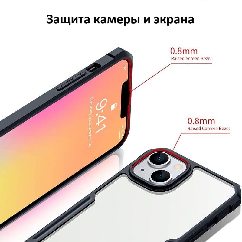 фото Чехол накладка для iphone 16 Pro Max (6.9) силикон+пластик с защитой камеры прозрачная с черным бампером и защищенными углами