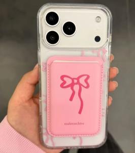 Чехол накладка для iphone 17 Pro Max (6.9) силикон+пластик с магнитом для magsafe и магнитным картхолдером розовый с бантом