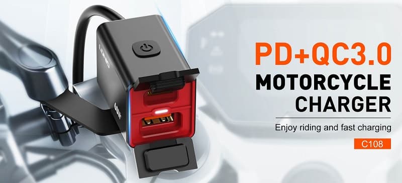 фото Зарядное устройство для мотоцикла LDNIO C108 60W PD 30W+QC3.0 + кабель Type-C to iphone lightning 8 pin водонепроницаемое IPX6 черное 
