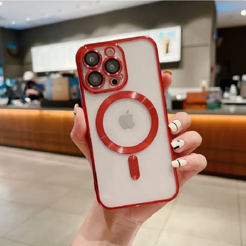 фото Чехол накладка для iphone 15 Pro Max (6.7) силикон с магнитом для magsafe и защитой камеры прозрачная с серебристым бампером