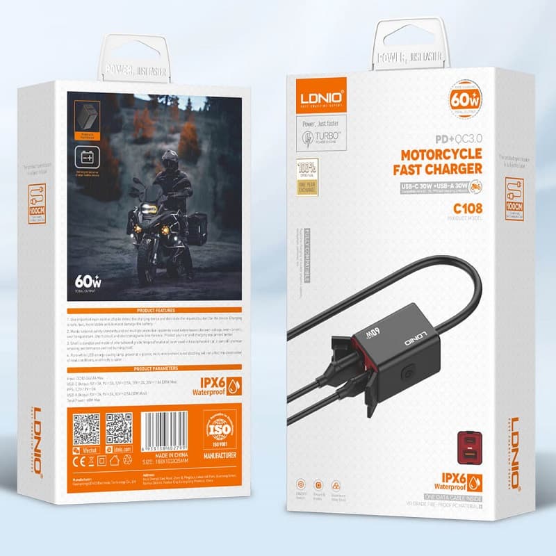 фото Зарядное устройство для мотоцикла LDNIO C108 60W PD 30W+QC3.0 + кабель Type-C to Type-C водонепроницаемое IPX6 черное