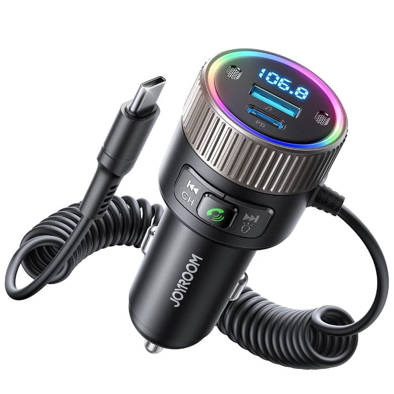 фото FM трансмиттер bluetooth модулятор Joyroom JR-CCB02 PD3.0 60W с кабелем Type-C 1.5м черный 