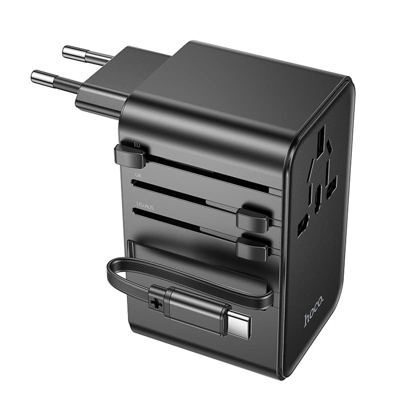 фото Универсальное зарядное устройство адаптер Hoco AC18 Supporter PD35W EU/US/AUS/UK 3 порта / Type-C USB-C+2USB 8A с выдвижным кабелем Type-C USB черный