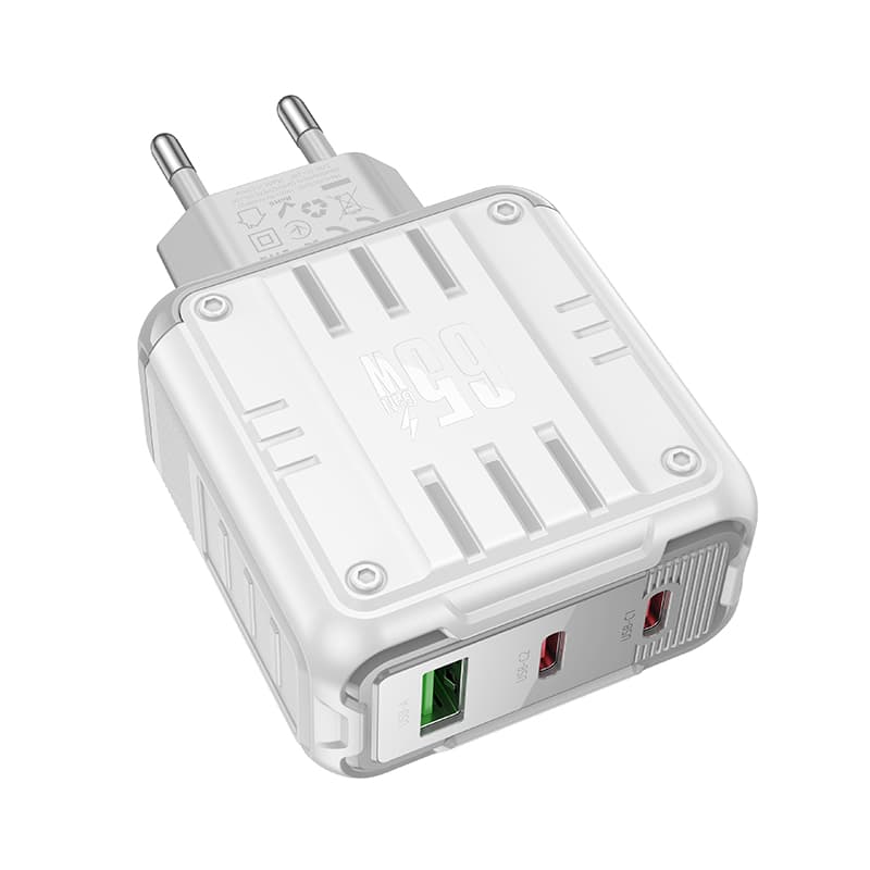 фото Сетевое зарядное устройство Адаптер Блок питания HOCO C139A Rock 2PD 65W+QC3.0 18W / 2 Type-C USB-C+USB 3A белое