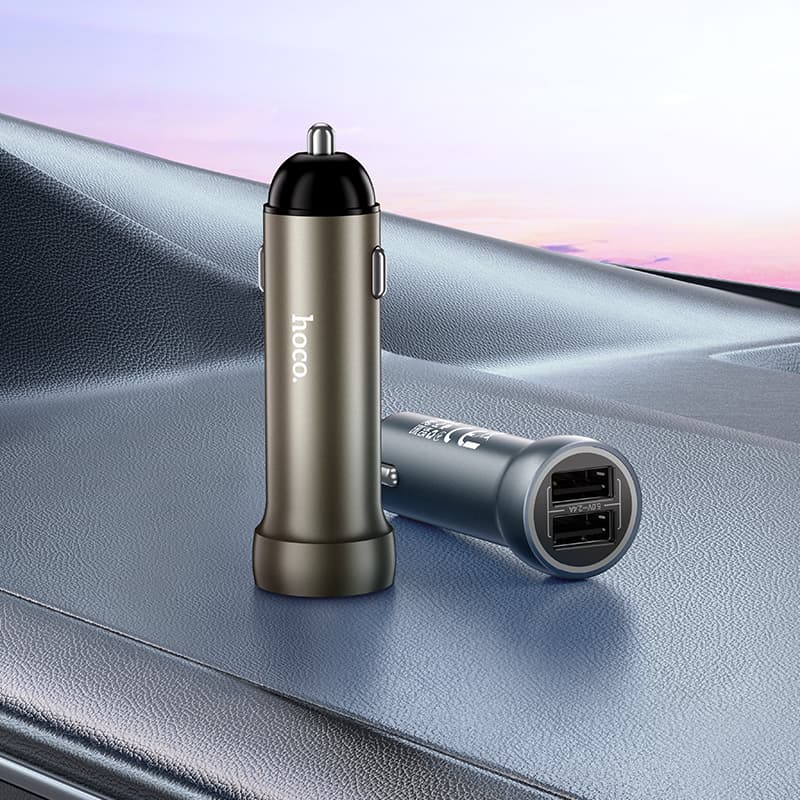 фото Автомобильное зарядное устройство + кабель Type-C USB HOCO Z54 2USB 15.5W 2,4A серый металл