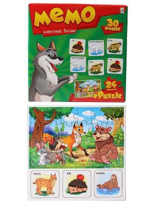 Настольная игра Мемо 2в1 Животные России 30 фишек + пазлы 24 элемента Рыжий кот