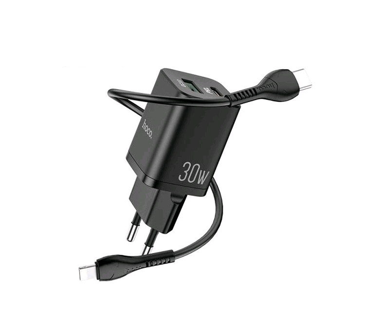 фото Сетевое зарядное устройство + кабель для iphone Lightning to Type-C HOCO N13 PD 30W+QC3.0 3A черный