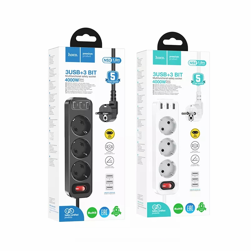 Сетевой фильтр HOCO NS2 3 гнезда + 3USB 1.8м 4000W черный