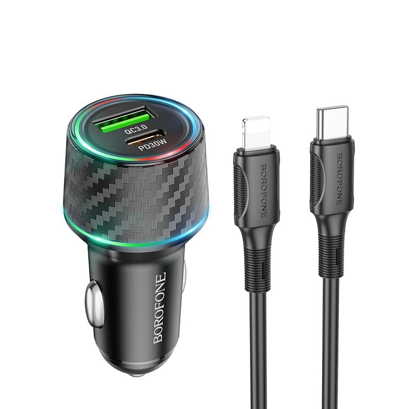 фото Автомобильное зарядное устройство + кабель Type-C to iphone lightning 8 pin Borofone BZ21 48W PD 30W+QC3.0 1м черный