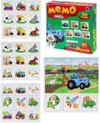 Настольная игра Мемо 2в1 Синий трактор 30 фишек + пазлы 24 элемента Рыжий кот
