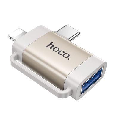 Адаптер переходник OTG 2в1 с Lightning (M)/Type-C USB (M) на USB 2.0 (F) Hoco UA31F серый