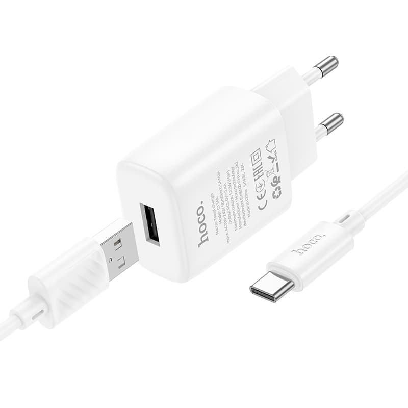фото Сетевое зарядное устройство + кабель Type-C HOCO C134A 1USB 12W 2.4A 1м белый