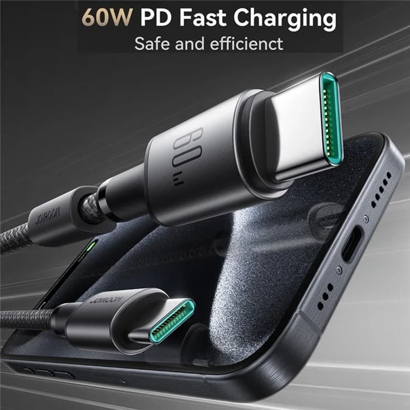 Кабель для зарядки Type-C to Type-C Joyroom S-A50 1.2м PD 60W с магнитным самоклеющимся держателем в оплетке темно-серый