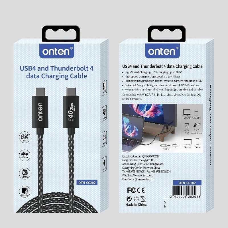 Кабель для зарядки Type-C to Type-C Onten OTN-CC202 Thunderbolt 4 USB4 PD 100W 5A/20V 40Gbps 1м черно-белый