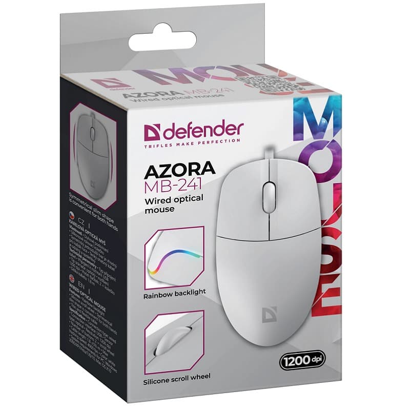 Мышь проводная DEFENDER Azora MB-241 белый,3 кнопки, 3D,1200 dpi 1.8м
