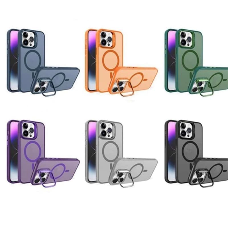 фото Чехол накладка для iphone 15 Pro Max (6.7) Bracket силикон+пластик с магнитом для magsafe+защитные линзы прозрачно-черная с подставкой держателем