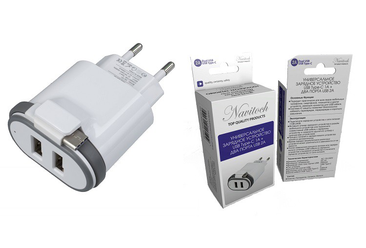 фото Сетевое зарядное устройство + кабель Type-C Navitoch SG-T21 2USB 1A+2А белое