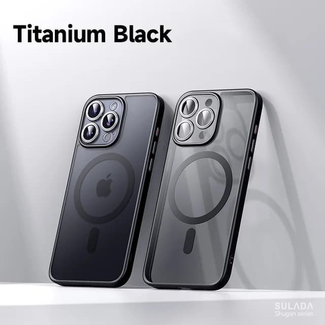 фото Чехол накладка для iphone 16 Pro Max (6.9) SULADA Shugan силикон+пластик притемненный матовый, титановый черный бампер с магнитом для magsafe