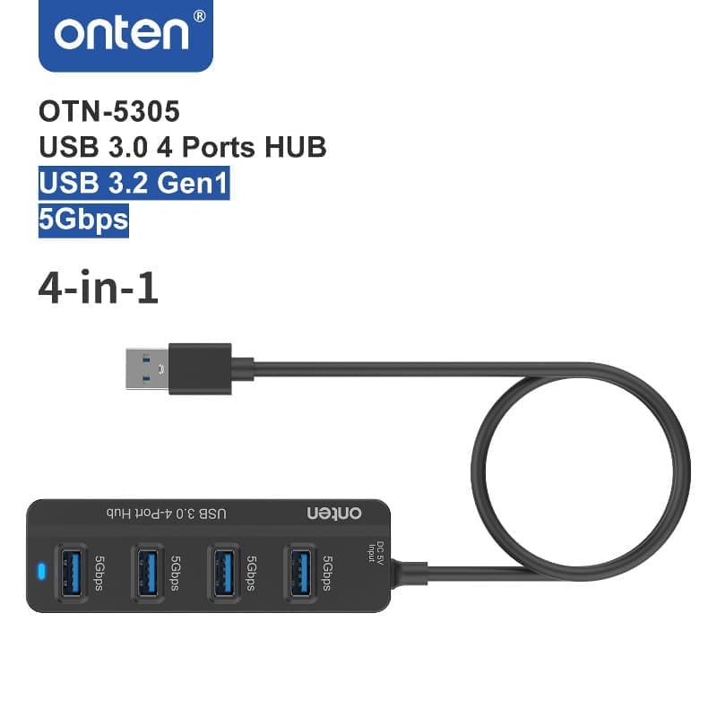 Разветвитель адаптер переходник USB 3.2 Gen1 5Gbps HUB Хаб картридер Onten OTN-5305 4в1 4USB 3.0 порта черный
