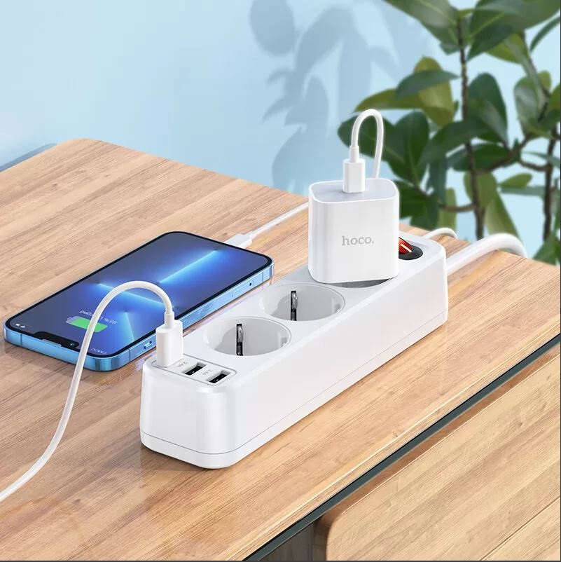 Сетевой фильтр HOCO NS2 3 гнезда + 3USB 1.8м 4000W белый