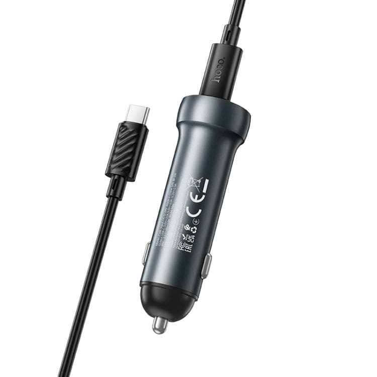 Изображение Автомобильное зарядное устройство + кабель Type-C to Type-C HOCO Z54A 48W PD 30W+QC3.0 3A 1м серый металл фото Автомобильное зарядное устройство + кабель Type-C to Type-C HOCO Z54A 48W PD 30W+QC3.0 3A 1м серый металл