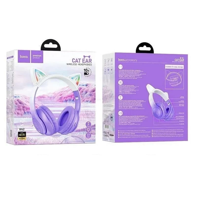 фото Наушники беспроводные накладные HOCO W42 Cat ear с ушками Purple grape пурпурный виноград