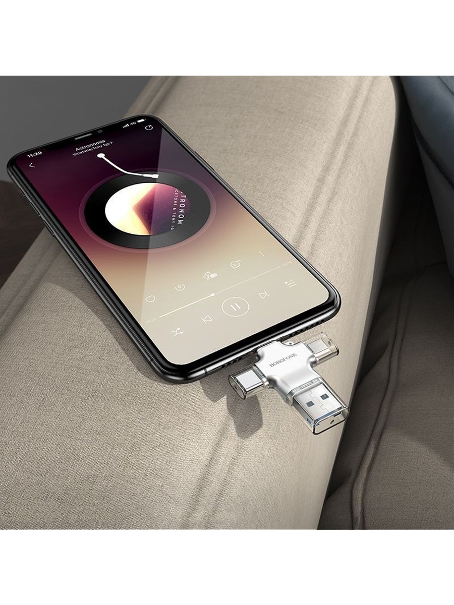 Картридер для iP Lightning/Type-C/Micro USB/USB 2.0 Borofone DHB01 4 in 1 серебро Картридер для iP Lightning/Type-C/Micro USB/USB 2.0 Borofone DHB01 4 in 1 серебро