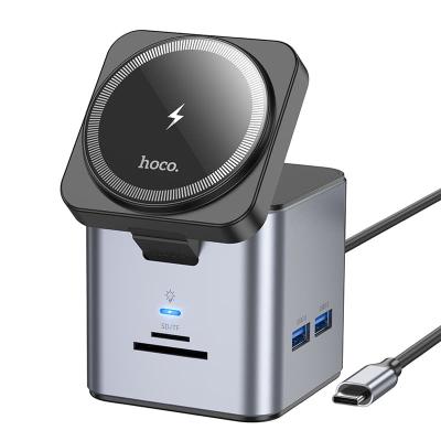 Разветвитель адаптер переходник концентратор Type-C HUB Хаб + держатель с функцией беспроводной зарядки HOCO HB49 9в1 серый металл