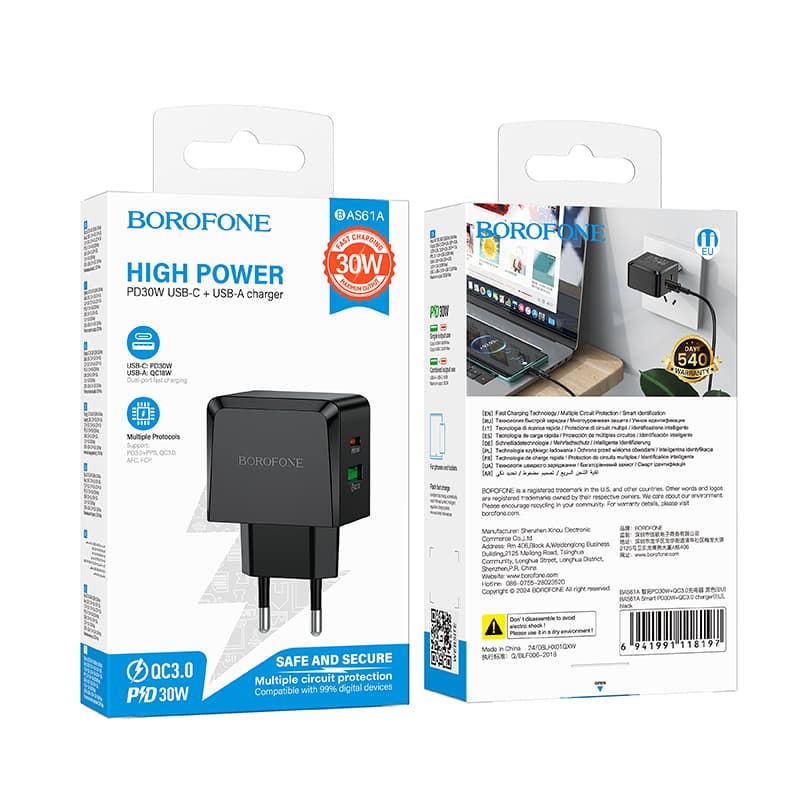 фото Сетевое зарядное устройство Адаптер Блок питания Borofone BAS61A PD 30W+QC3.0 18W / Type-C+USB-A черный