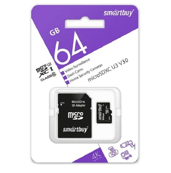 Изображение Карта памяти Smartbuy Micro SDHC Class 10 UHS-I U3 V30 4K 64Gb для видеонаблюдения