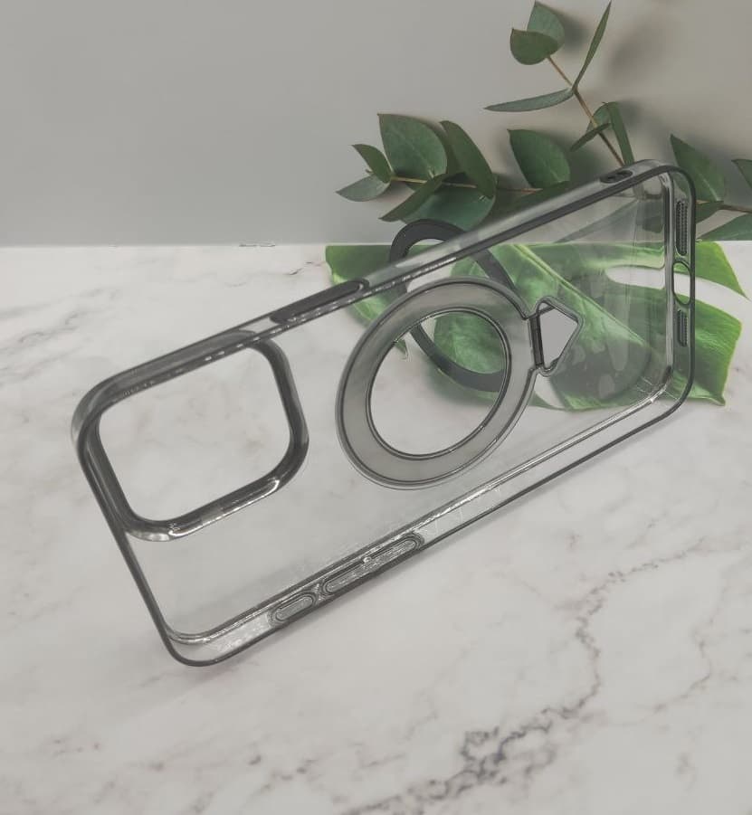 фото Чехол накладка для iphone 16 Pro Max (6.9) SULADA Ring силикон+пластик прозрачный с черным бампером с магнитом для magsafe и кольцом держателем