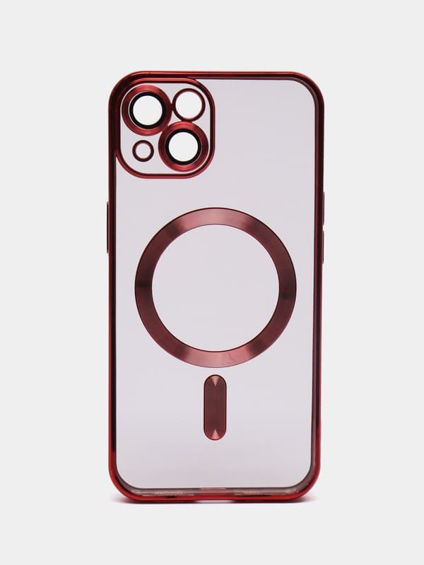 фото Чехол накладка для iphone 15 Pro Max (6.7) силикон с магнитом для magsafe и защитой камеры прозрачная с серебристым бампером