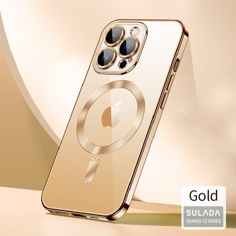 фото Чехол накладка для iphone 16 Pro Max (6.9) SULADA Qiang Ci силикон прозрачная, золотой бампер с магнитом для magsafe, защита линз